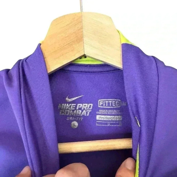 Nike Pro Shirt Mens Large Combat Hyperwarm  Dri-Fit Compression Volt/Purple Buzz - Picture 2 of 9